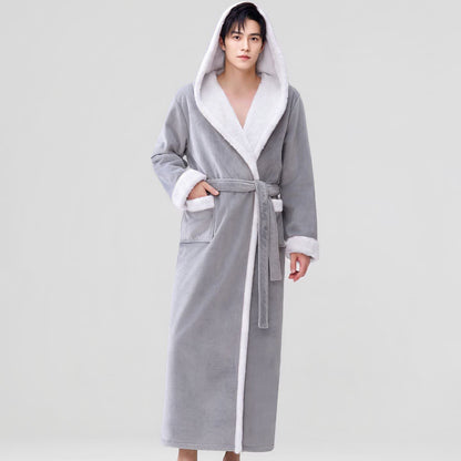 Cozy Plush Sherpa Hooded Long Bathrobe - Light Gray - Men XL - image 6
