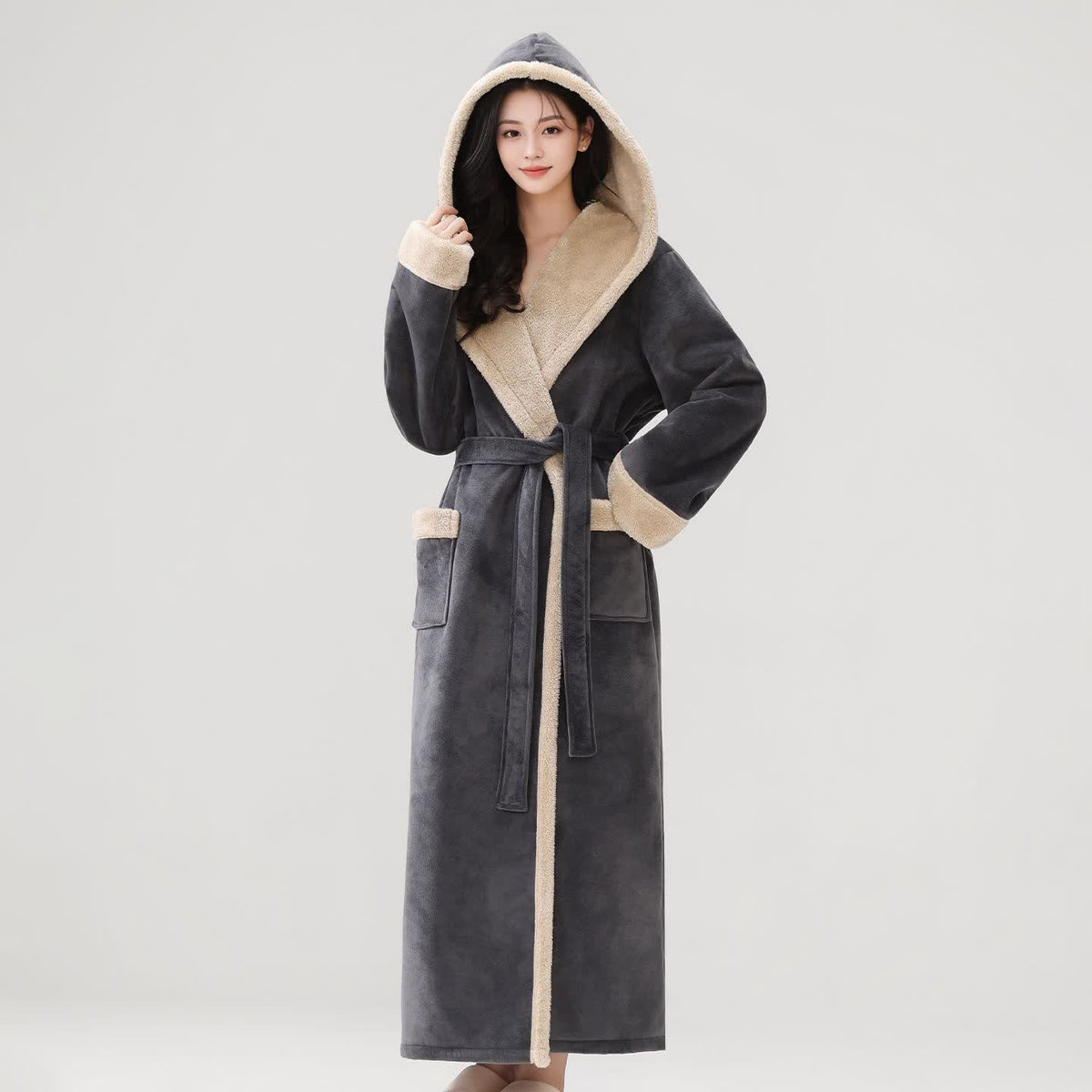 Cozy Plush Sherpa Hooded Long Bathrobe - Dark Gray - Women XL - image 7