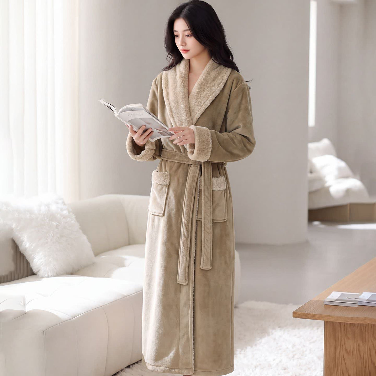 Cozy Shawl Collar Fleece Lounge Bathrobe - Khaki - Women XL - image 3