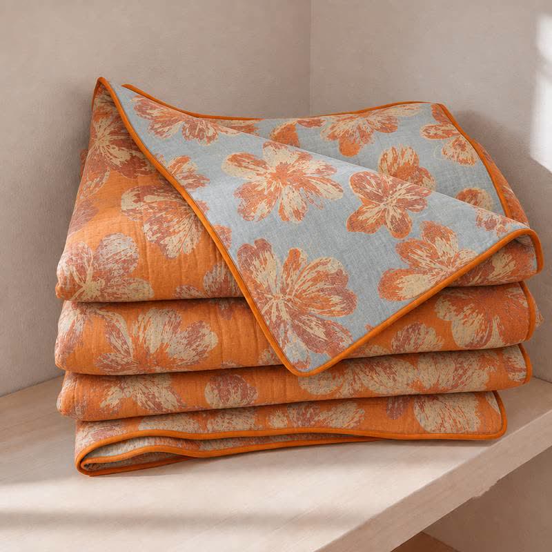 Reversible Orange & Blue Flower Cotton Quilt - Orange & Blue - Summer Quilt - King - image 0