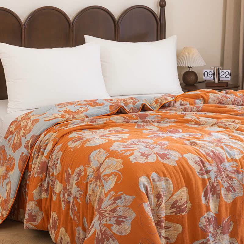 Reversible Orange & Blue Flower Cotton Quilt - image 5