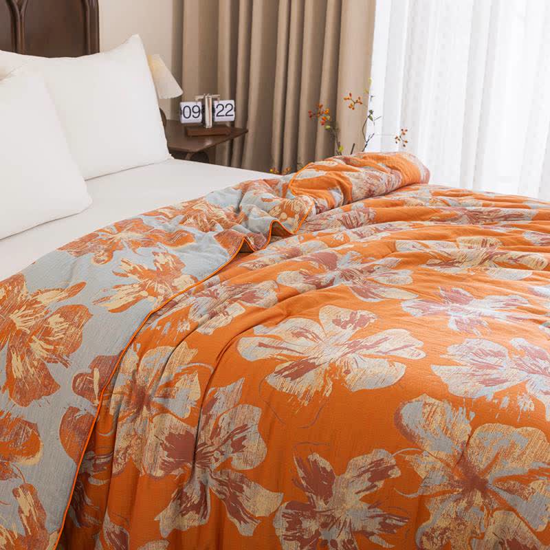 Reversible Orange & Blue Flower Cotton Quilt - image 15