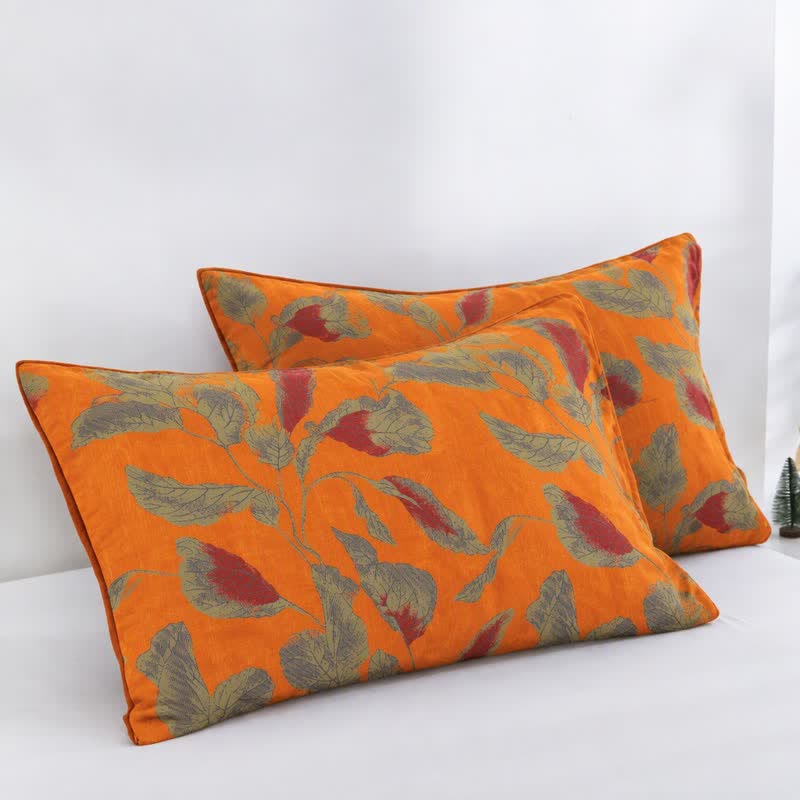 Orange Autumn Leaf Cotton Gauze Quilt - Orange - 2PCS Pillowcases - 20" x 37" - image 17