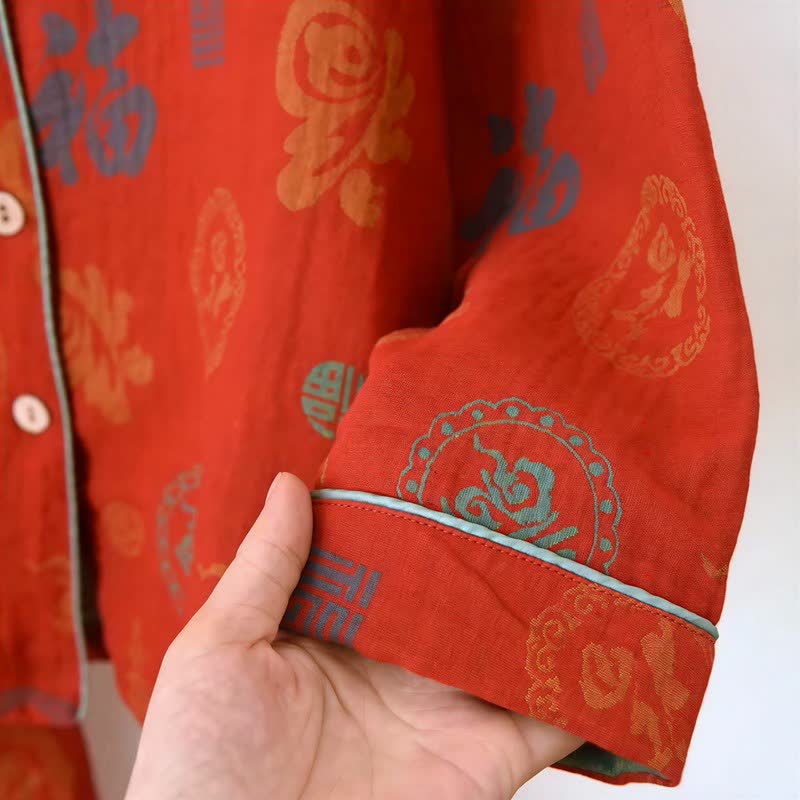 Chinese Red Cotton Fu Motif Pajama Set - image 5