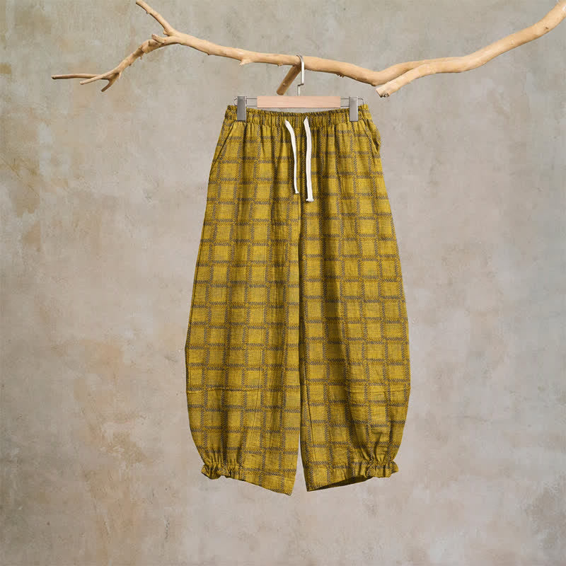Yellow Plaid Cotton Gauze Harem Pants - Yellow - XL - image 0