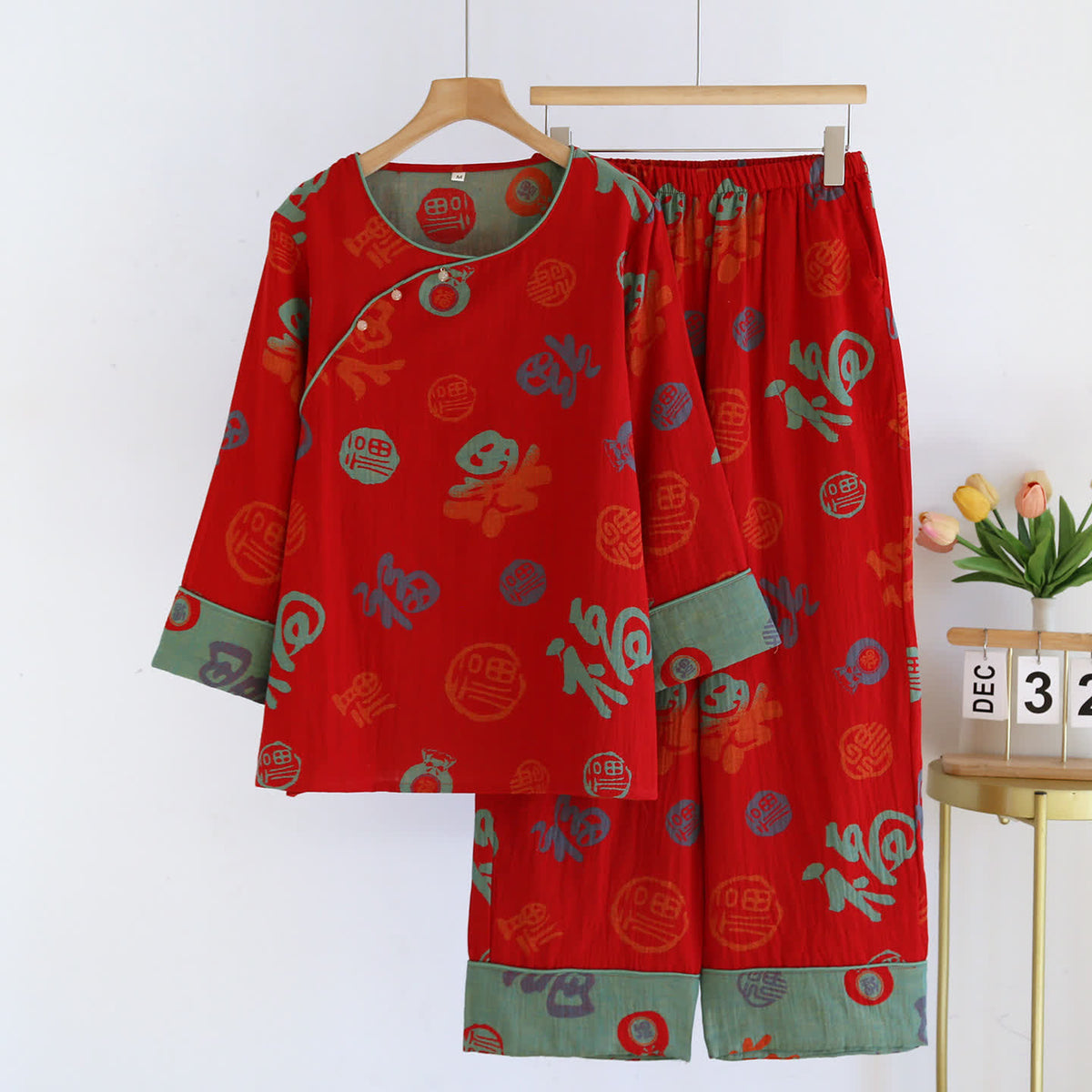 Festive Red Cotton Gauze Couple Pajama Set - Red - Women 2XL - image 2