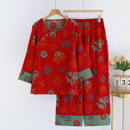 Festive Red Cotton Gauze Couple Pajama Set - Red - Women 2XL - image 2