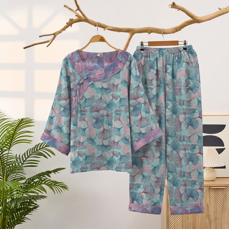Chinese Style Ginkgo Leaf Pajama Set - Blue - XXL - image 0