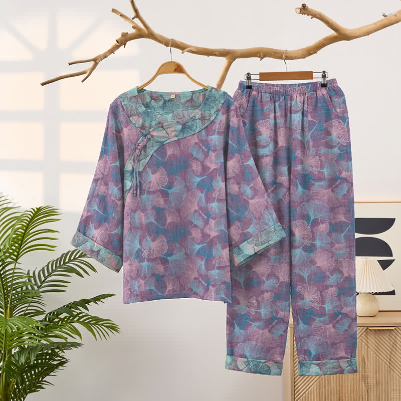Chinese Style Ginkgo Leaf Pajama Set - Purple - XXL - image 6