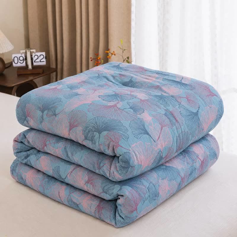 Reversible Ginkgo Leaf Cotton Gauze Quilt - Blue - Spring & Autumn Quilt - King - image 7