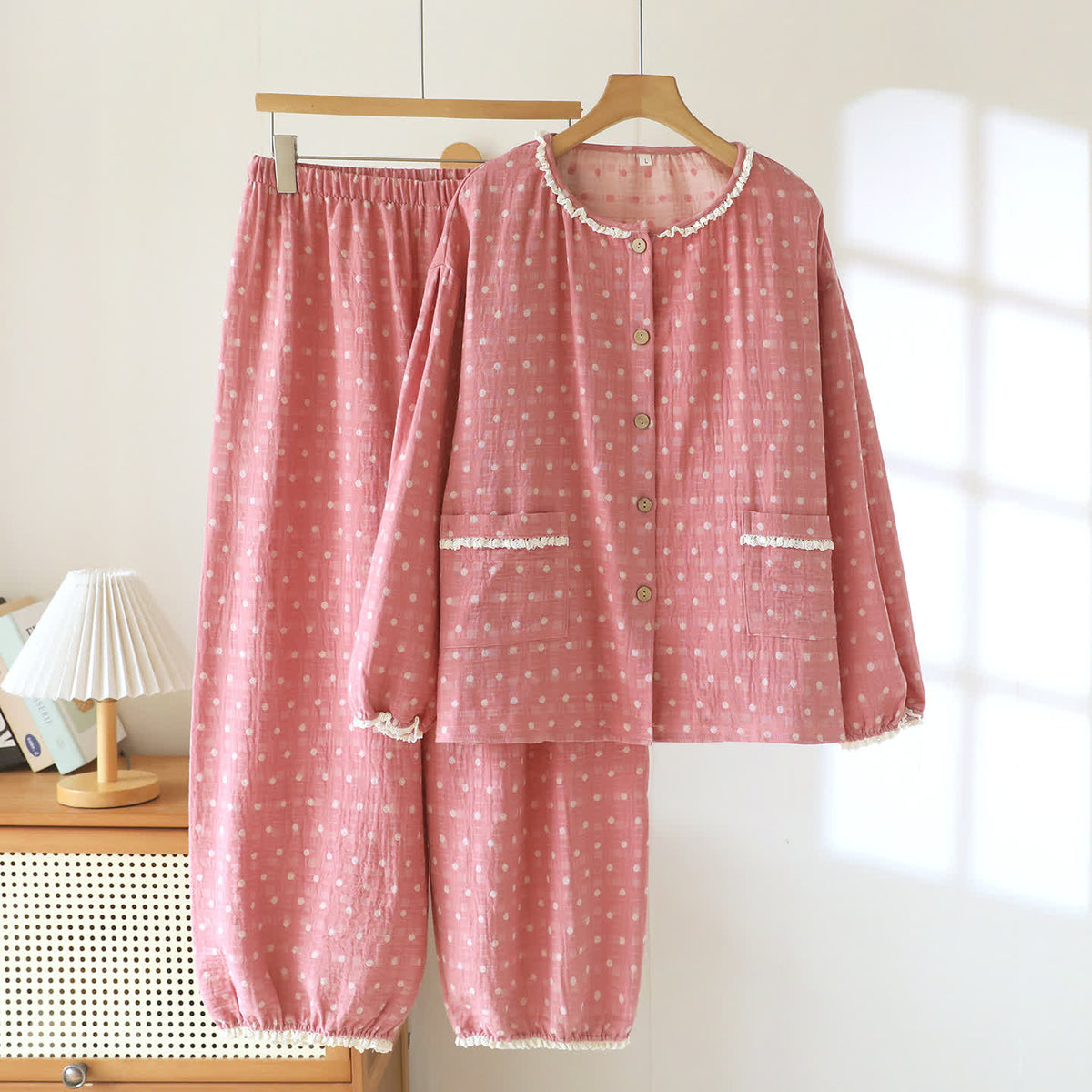 Candy Dot Cotton Gauze Lace Lounge Set - Pink - XXL - image 1