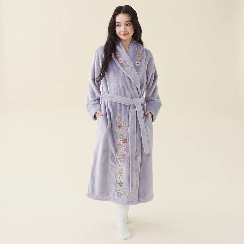 Floral Embroidered Long Shawl Collar Bathrobe - Purple - XL - image 7