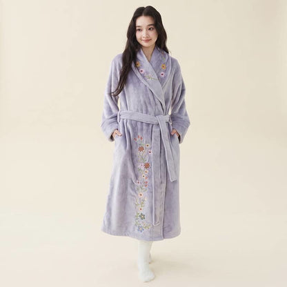 Floral Embroidered Long Shawl Collar Bathrobe - Purple - XL - image 7