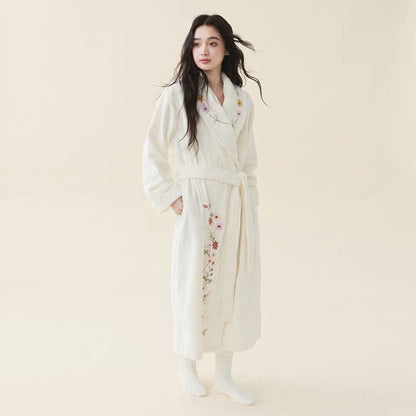Floral Embroidered Long Shawl Collar Bathrobe - image 2