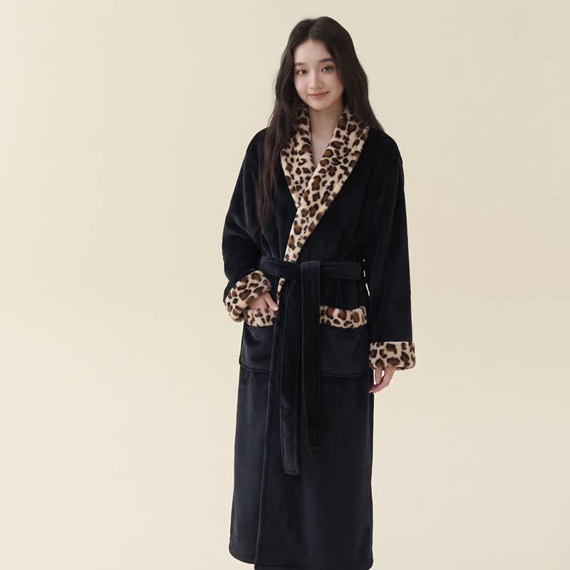 Leopard Trim Long Plush Fleece Bathrobe - image 5