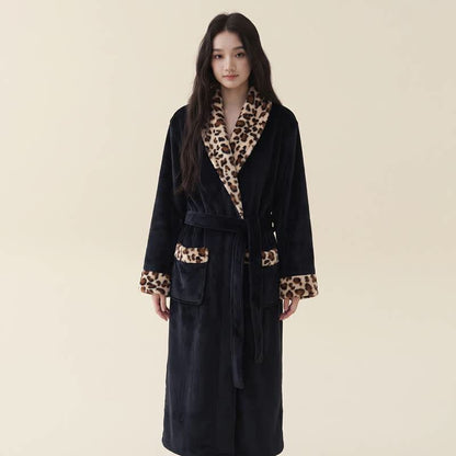 Leopard Trim Long Plush Fleece Bathrobe - Black - XL - image 4
