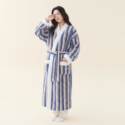 Longline Striped Fleece Kimono Bathrobe - Navy Blue - Women XL - image 7
