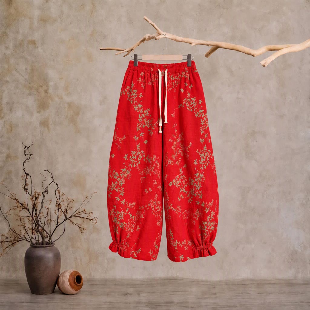Red Floral Cotton Loungewear Pants - image 0
