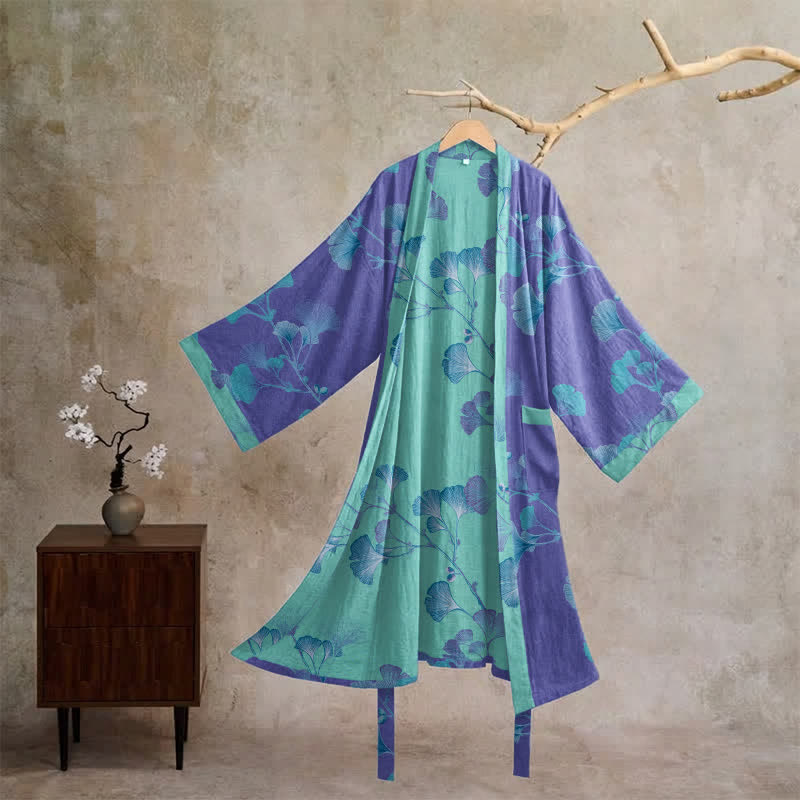 Boho Ginkgo Leaf Cotton Kimono Robe - Purple - XL - image 0