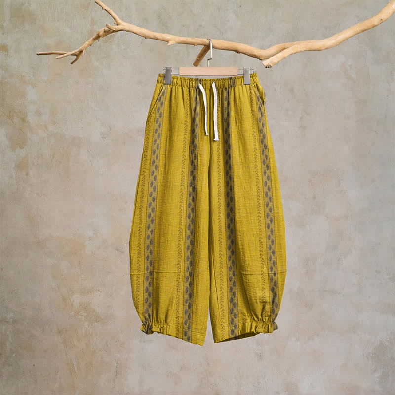 Yellow Striped Leaf Cotton Harem Pants - Yellow - XL - image 0