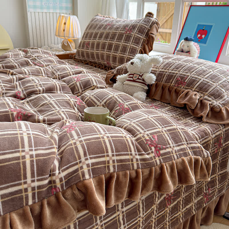 Ruffle Plaid Bow Cotton Bedding Set - image 1