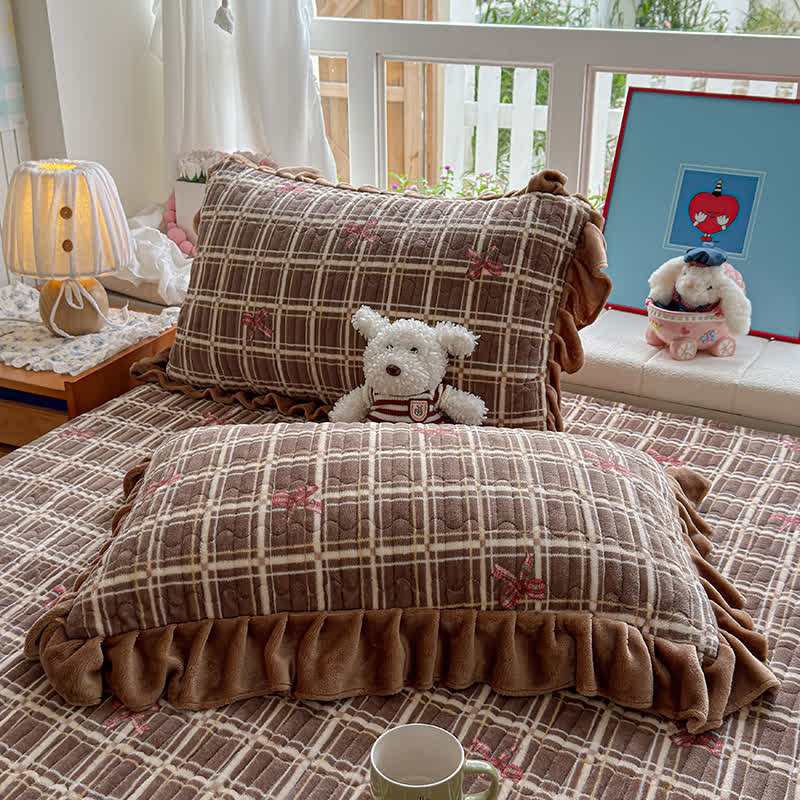 Ruffle Plaid Bow Cotton Bedding Set - Brown - 2PCS Pillowcases - 19" x 29" - image 16