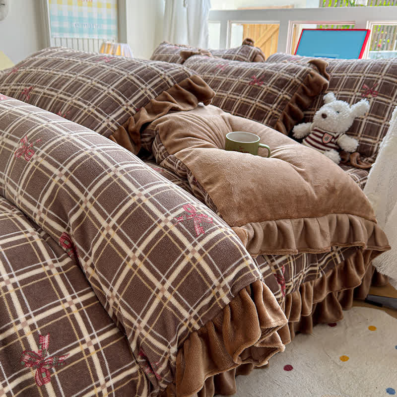 Ruffle Plaid Bow Cotton Bedding Set - Brown - Duvet Cover - Queen - image 0