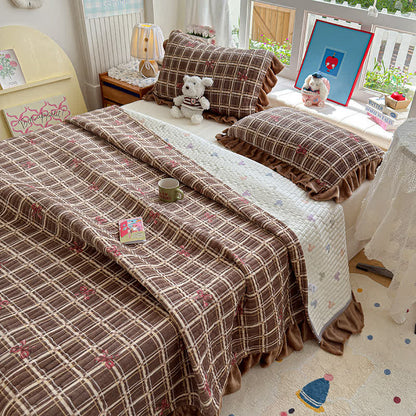 Ruffle Plaid Bow Cotton Bedding Set - Brown - Flat Sheet with 2pcs Pillowcases - King - image 5