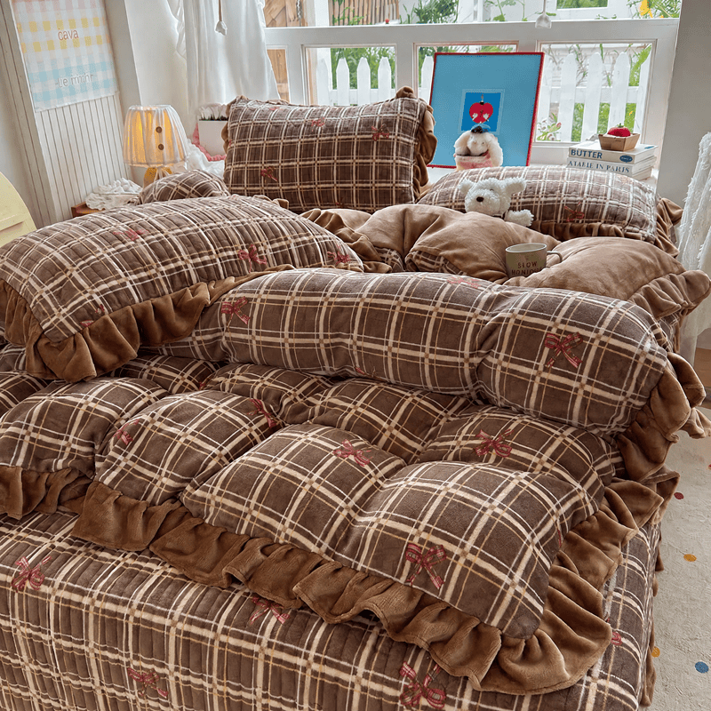 Ruffle Plaid Bow Cotton Bedding Set - Brown - Bedding Set (4PCS) - Full - image 11