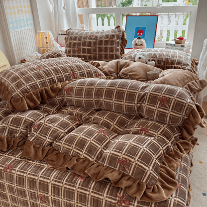Ruffle Plaid Bow Cotton Bedding Set - Brown - Bedding Set (4PCS) - Full - image 11