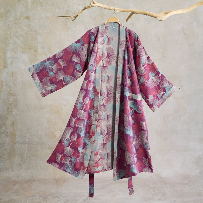 Artistic Ginkgo Leaf Kimono Loungewear Robe - Fuchsia - XL - image 0