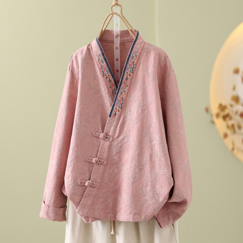 Vintage Cotton Linen Frog Button Lounge Top - Pink - 2XL - image 0