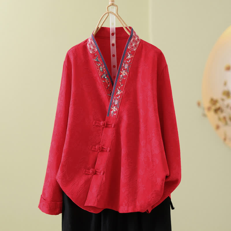 Vintage Cotton Linen Frog Button Lounge Top - Red - 2XL - image 9
