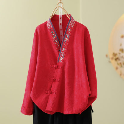 Vintage Cotton Linen Frog Button Lounge Top - Red - 2XL - image 9