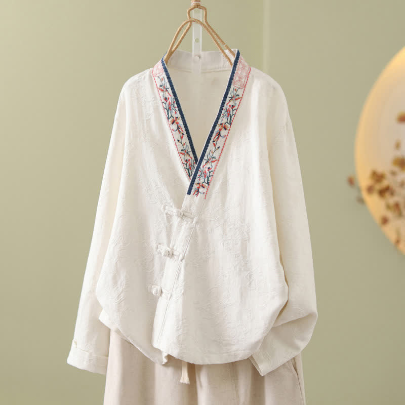 Vintage Cotton Linen Frog Button Lounge Top - White - 2XL - image 21