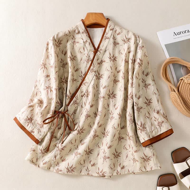 Floral Cross Wrap Casual Lounge Shirt - Beige - 2XL - image 0