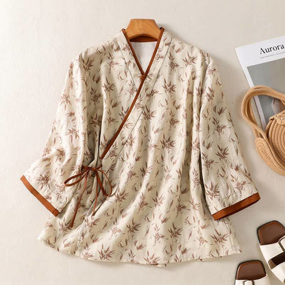 Floral Cross Wrap Casual Lounge Shirt - Beige - 2XL - image 0
