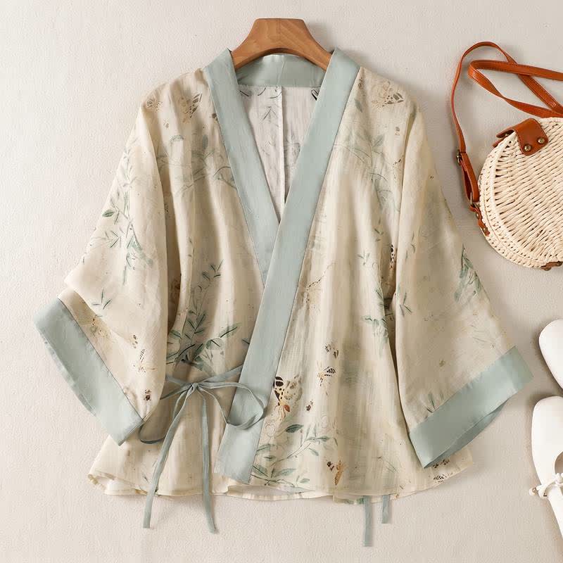 Floral Tie-Waist Kimono Loungewear Top - Beige - 2XL - image 0