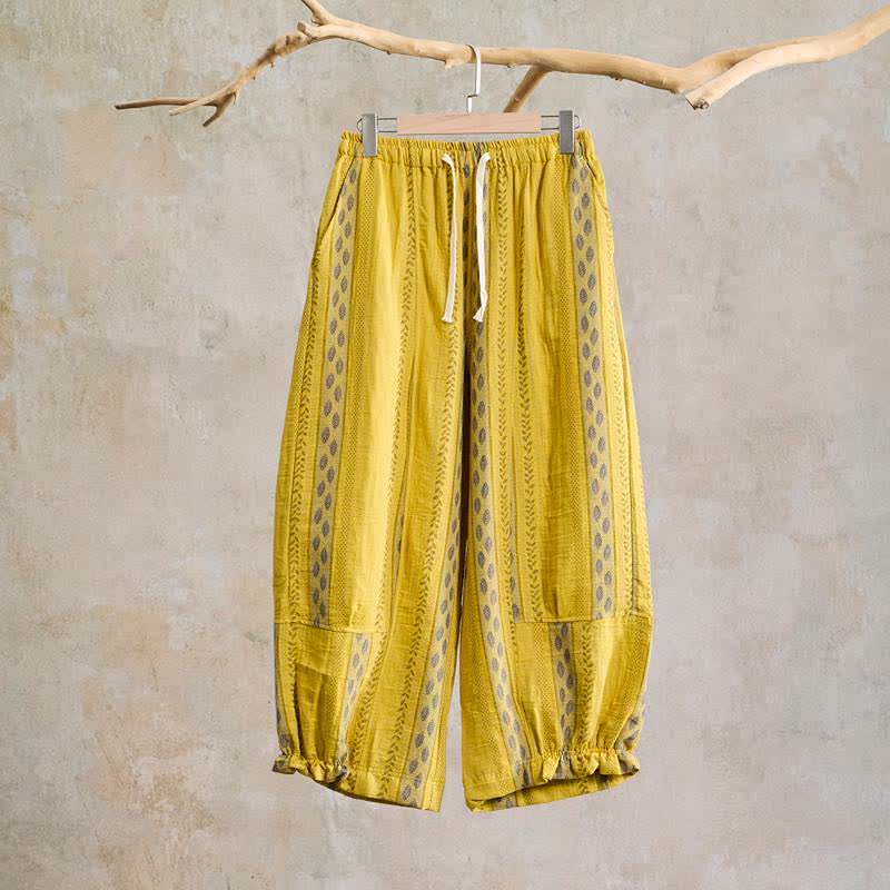 Yellow Striped Leaf Cotton Harem Pants - Yellow - XL - image 0