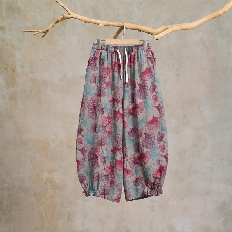 Relaxed Ginkgo Leaf Cotton Harem Pants - Beige - XL - image 6