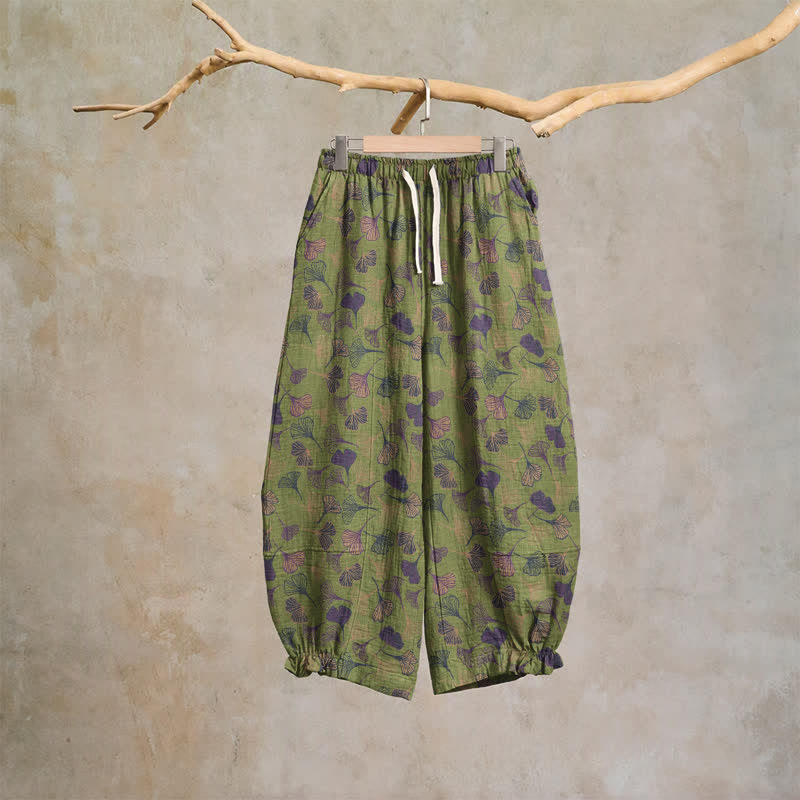 Retro Ginkgo Leaf Cotton Lounge Pants - Green - XL - image 6