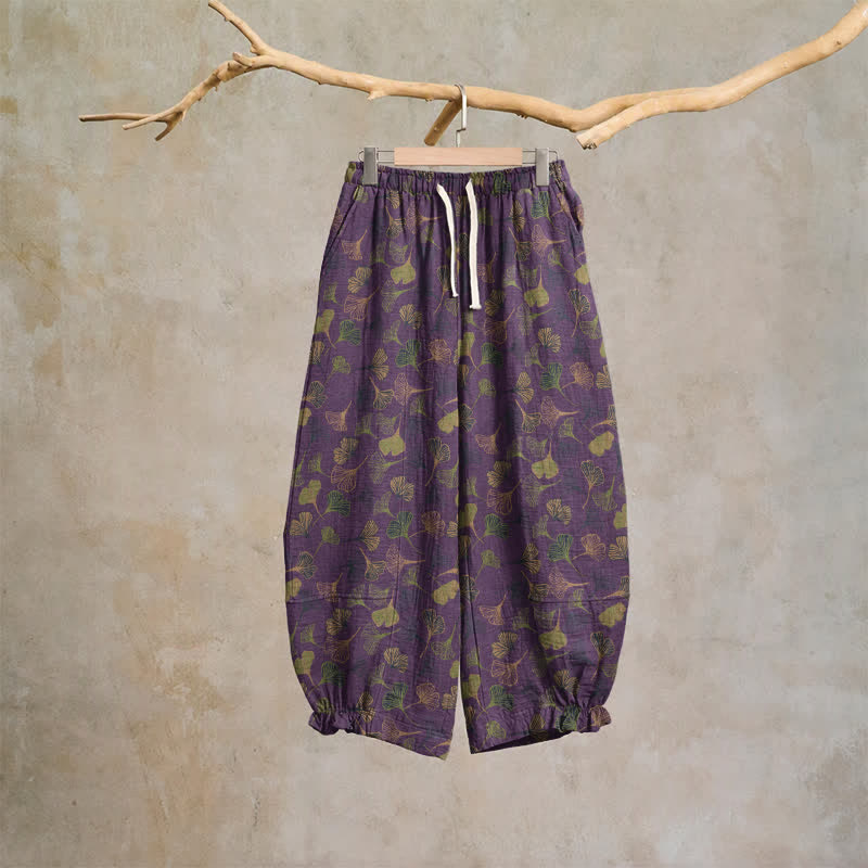 Retro Ginkgo Leaf Cotton Lounge Pants - Purple - XL - image 12
