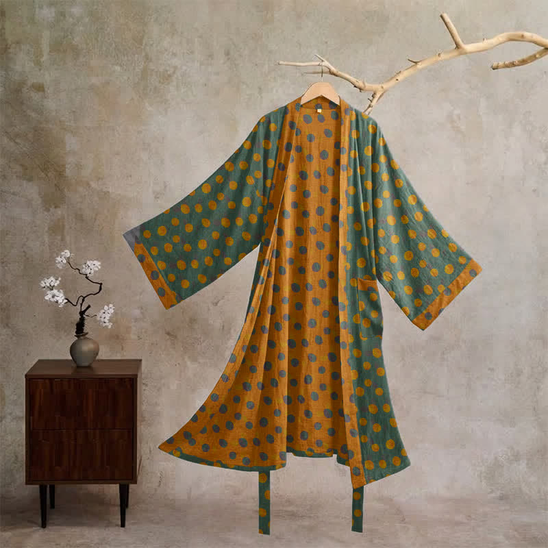 Vintage Polka Dot Cotton Kimono Robe - Dark Green - XL - image 30