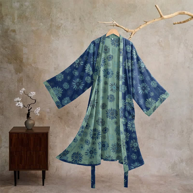 Vintage Sunflower Cotton Gauze Kimono Robe - Blue - XL - image 10