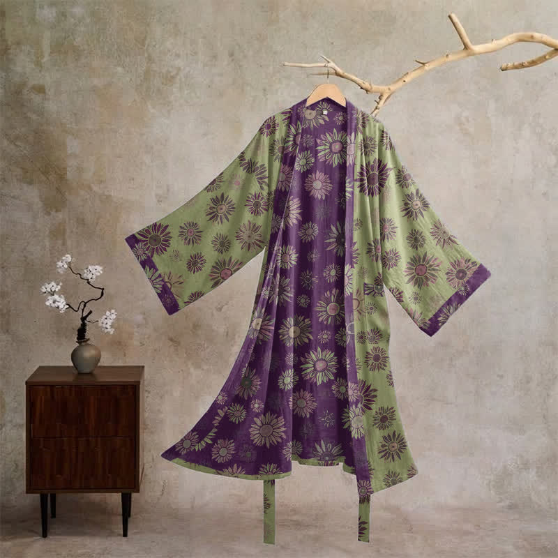 Vintage Sunflower Cotton Gauze Kimono Robe - Green & Purple - XL - image 5