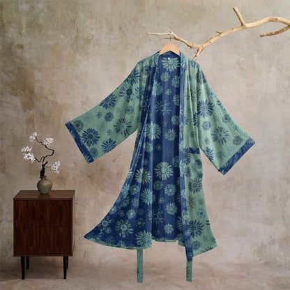 Vintage Sunflower Cotton Gauze Kimono Robe - Green & Blue - XL - image 15