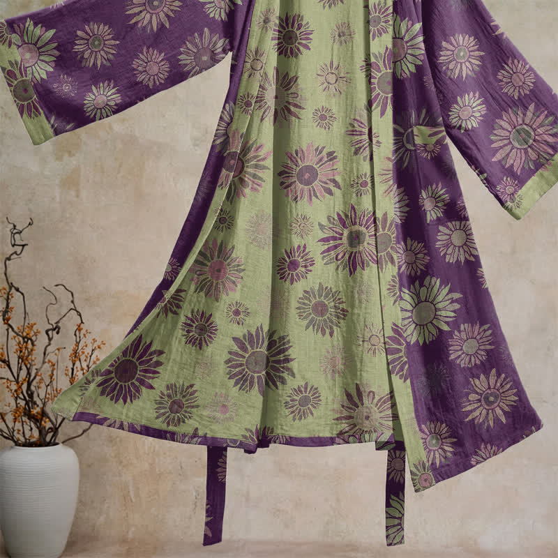Vintage Sunflower Cotton Gauze Kimono Robe - image 3