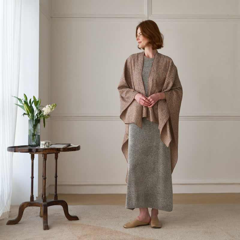 Solid Color Grid Weave Poncho Shawl Wrap - image 8