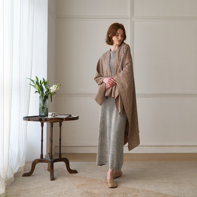 Solid Color Grid Weave Poncho Shawl Wrap - image 9