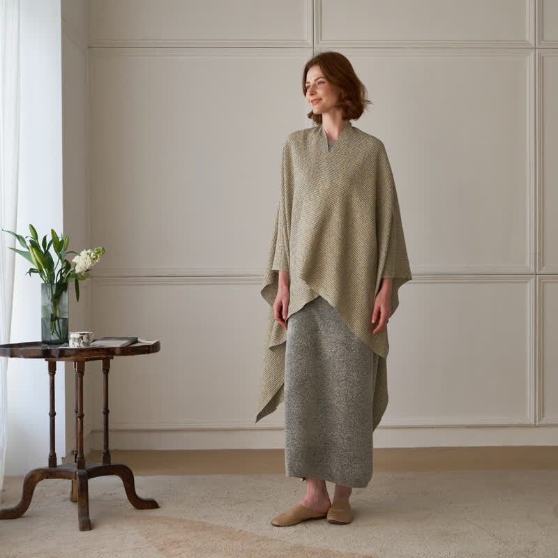 Solid Color Grid Weave Poncho Shawl Wrap - image 4
